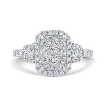 Round Diamond Emerald Shape Halo Engagement Ring in 14K White Gold